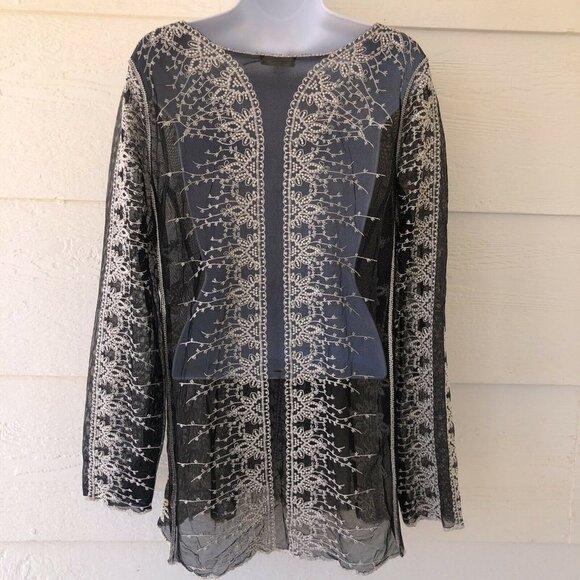 Capri Size Large Sheer Beautifully Embroidered Black Long Sleeve Long Line Top - Picture 4 of 11